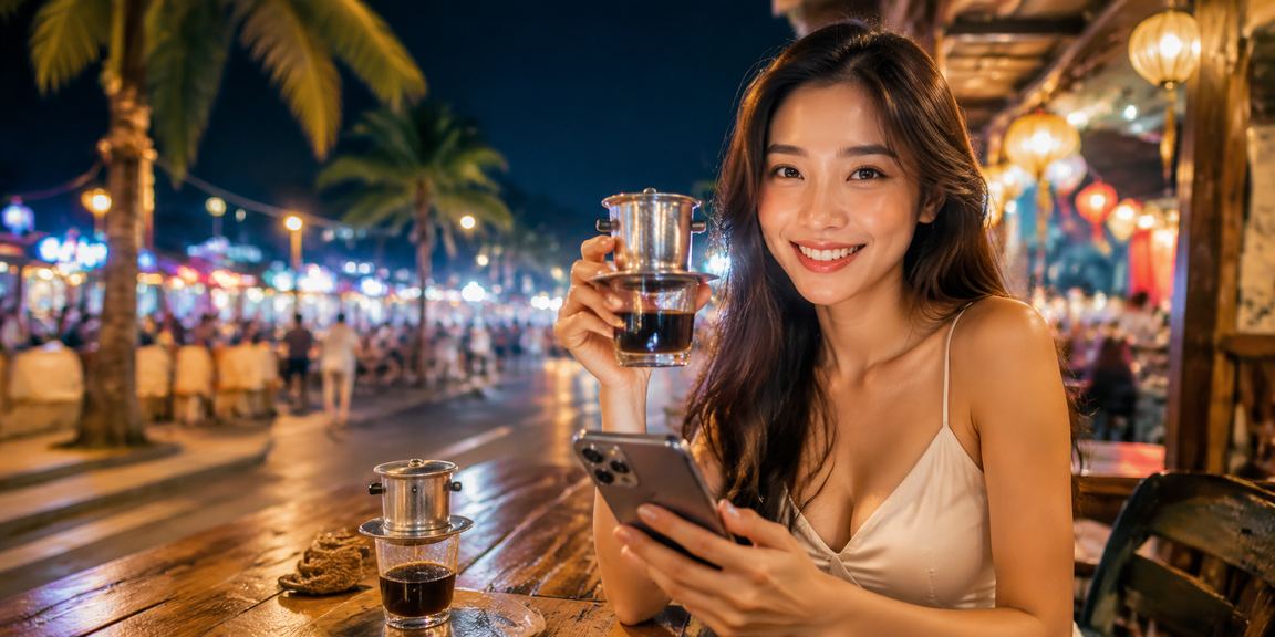 Người dùng tại Nha Trang kiểm tra tài khoản casino trên điện thoại bên ly cà phê